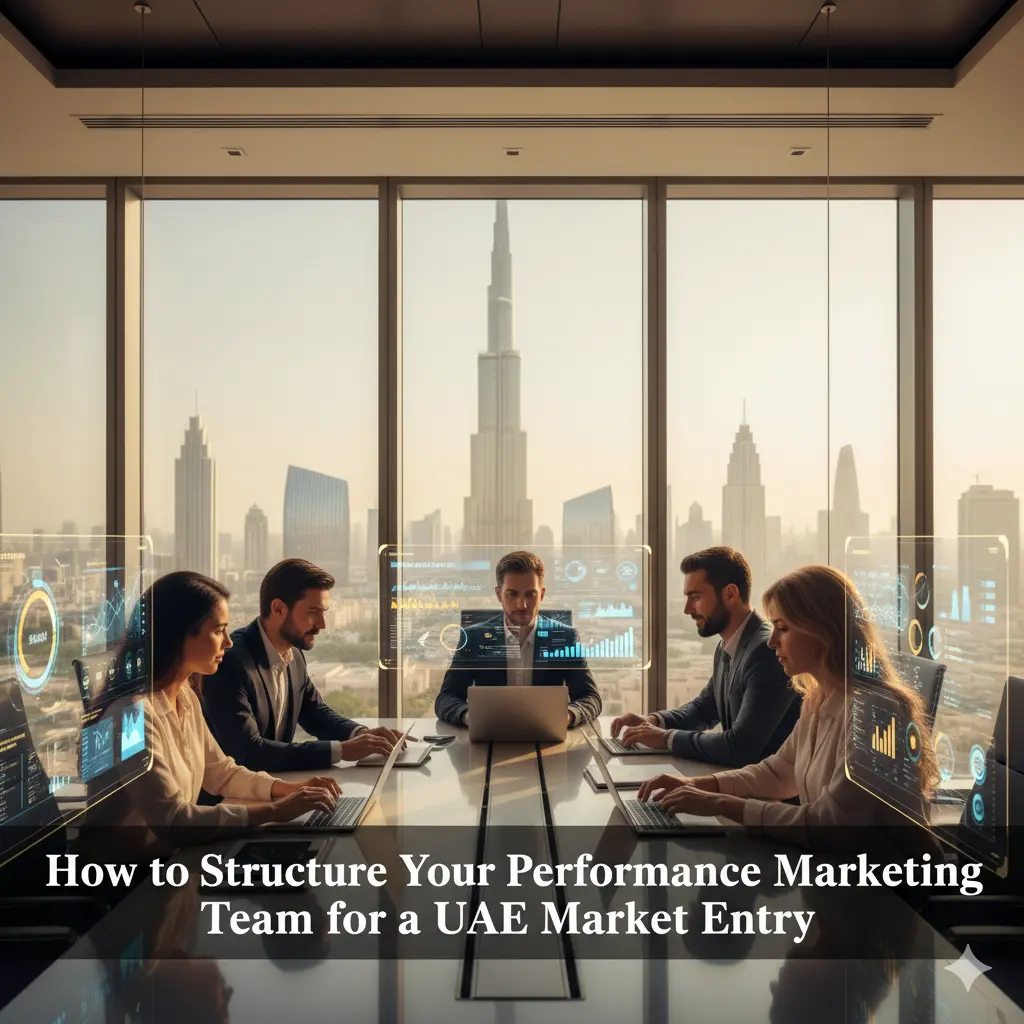 Diverse performance marketing team in a Dubai office with Burj Khalifa view, guided by the Best Performance Marketing Specialist in Dubai.