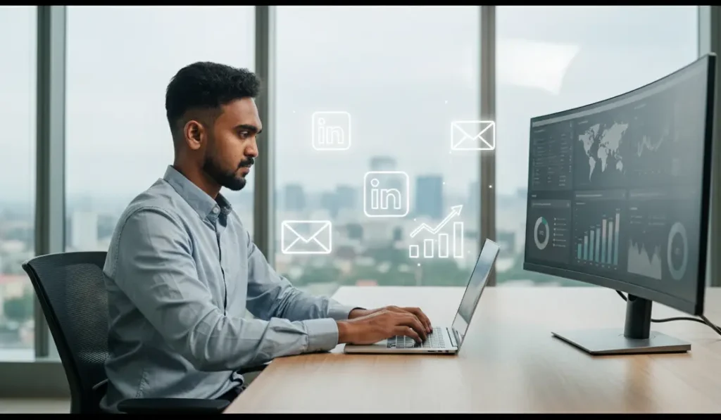 Professional digital marketer working on laptop in a modern office, analyzing data and building online business strategies.