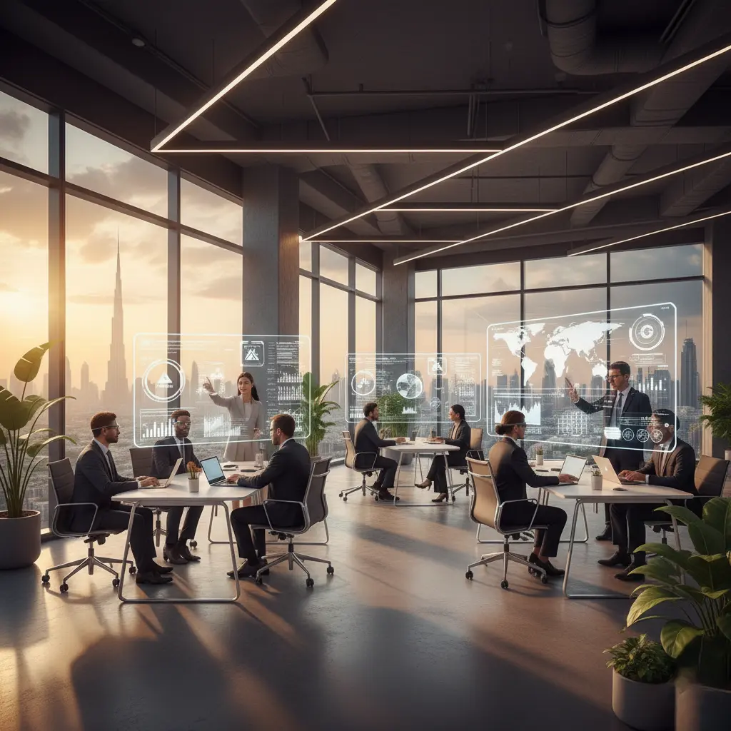 Best performance marketing specialist team meeting in Dubai office overlooking skyline.